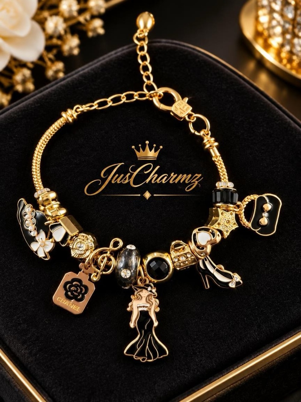 Gold and Black Charm Bracelet